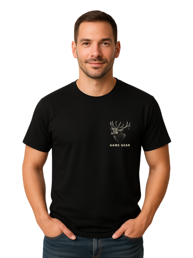 Man wearing a black t-shirt with a Game Gear logo on a white background