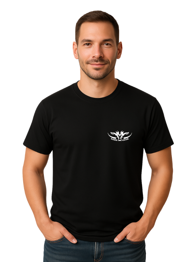 Man wearing a black t-shirt with a white Game gear logo on front