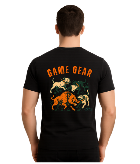 Person wearing a black t-shirt with 'Game Gear' and graphic design on the back