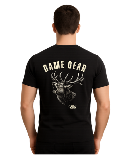 Black t-shirt with a deer graphic and 'Game Gear' text on the back