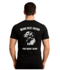 Black t-shirt with a graphic of a dog and text on the back.
