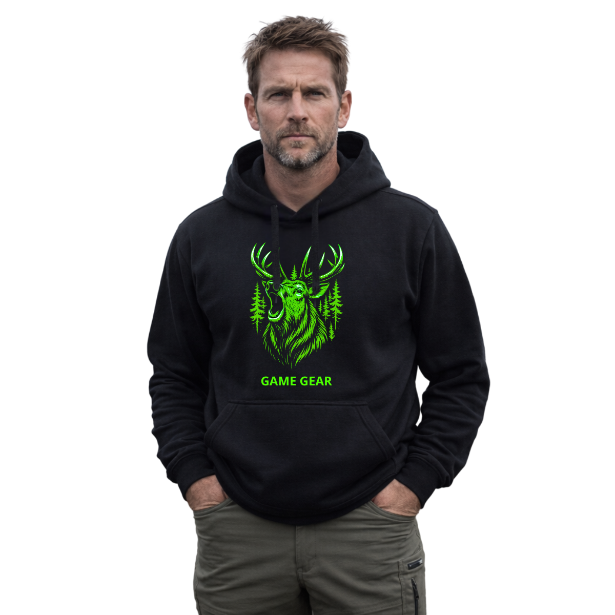 Big Green Stag Printed Hoodie by Game Gear NZ