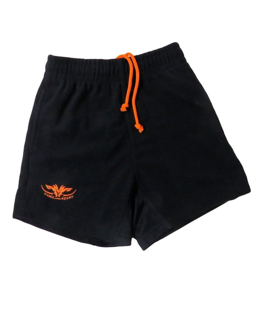 Kids Black hunting shorts with orange Game Gear logo and zipped pockets
