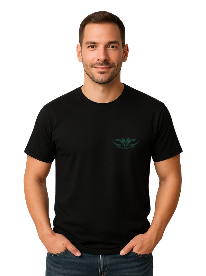 Man wearing a black t-shirt with a green Game Gear logo on