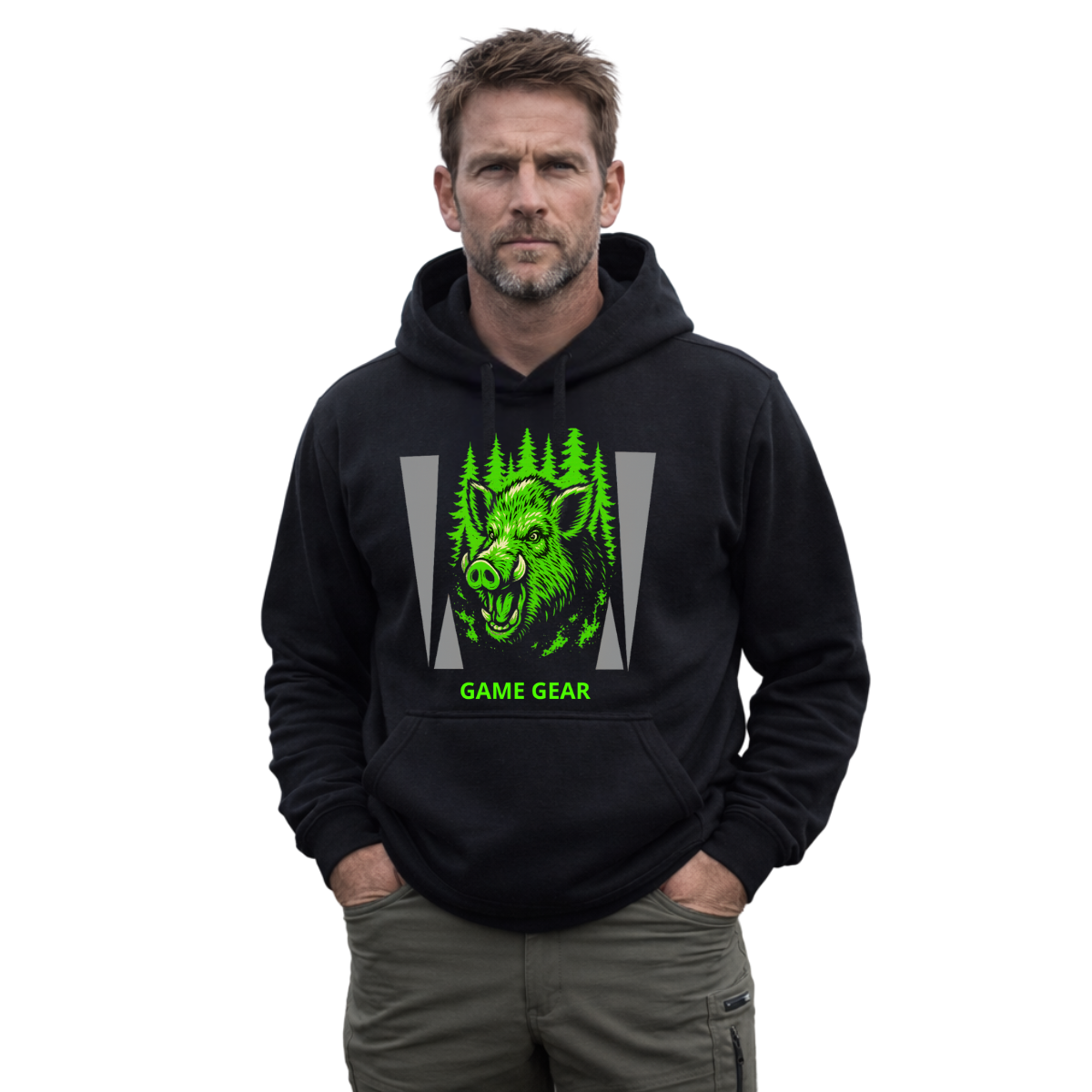 Big Green Boar Reflective Printed Hoodie - front view by Game Gear NZ