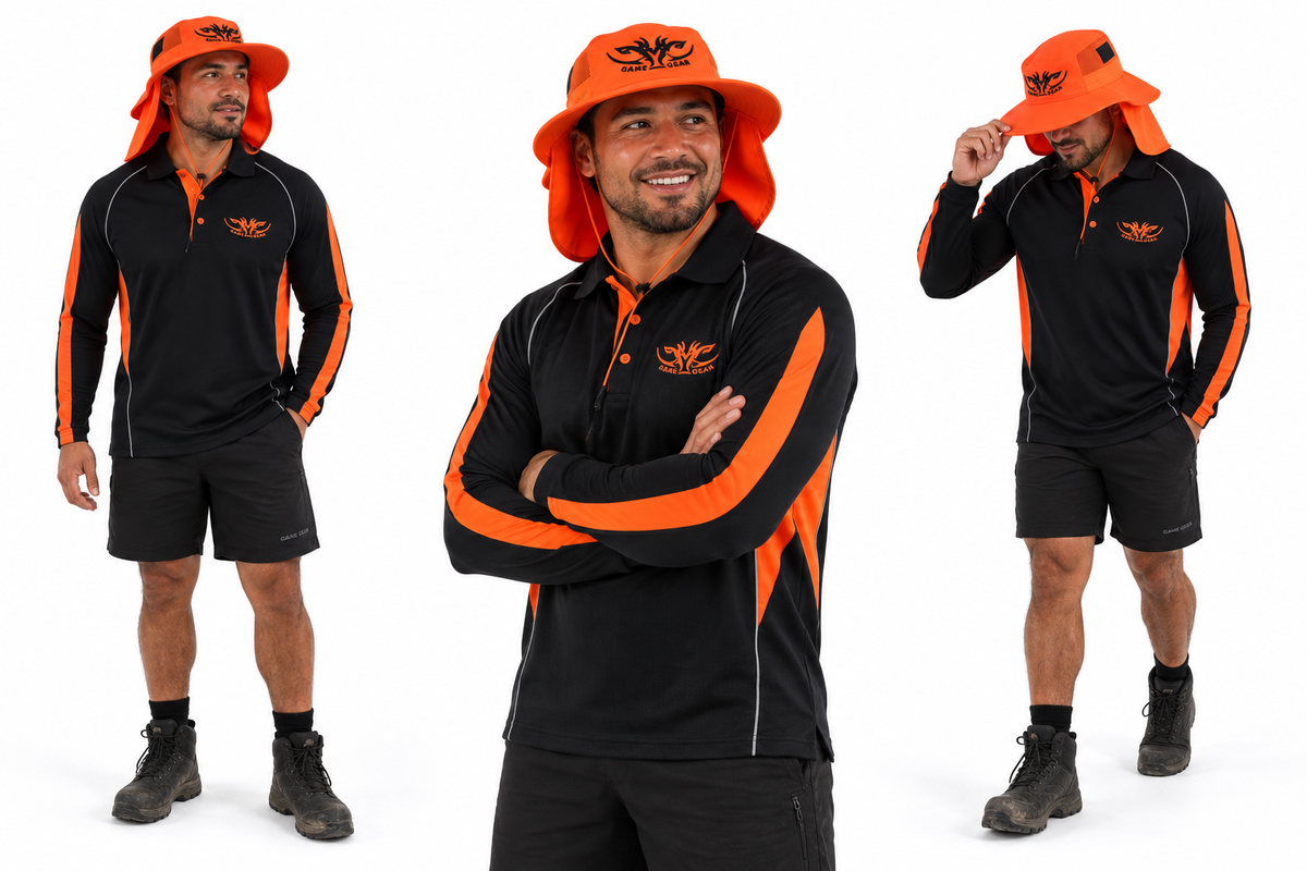 Hemi wearing Muffler Hat Orange with TXT long sleeve polo and Turf Shorts