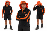 Hemi wearing Muffler Hat Orange with TXT long sleeve polo and Turf Shorts