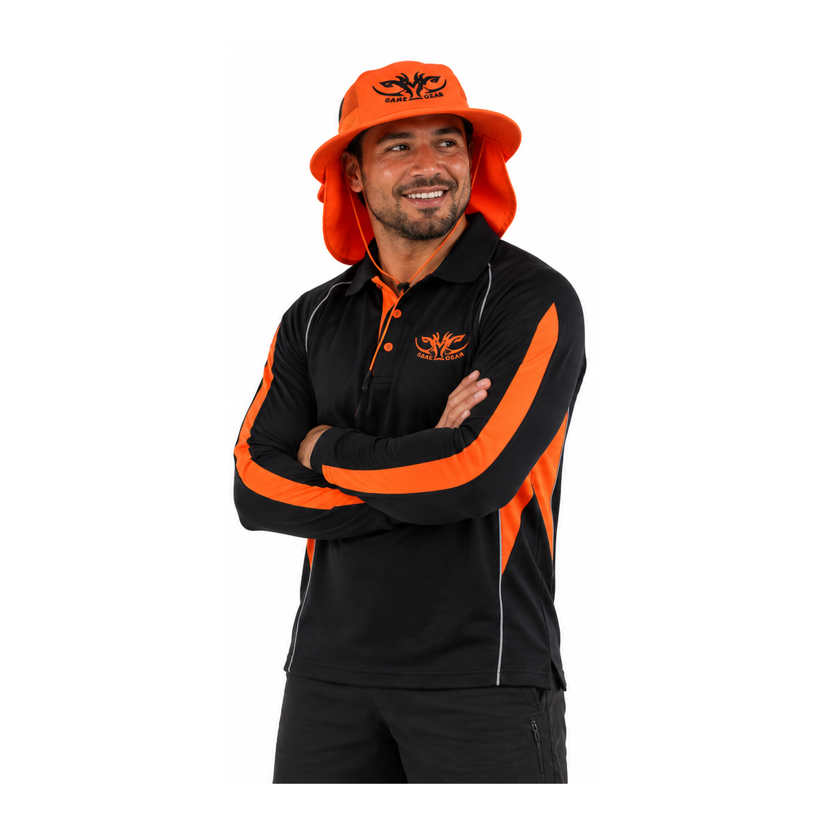 Hemi wearing Muffler Hat Orange in relaxed studio pose