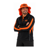 Hemi wearing Muffler Hat Orange in relaxed studio pose