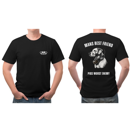 Black t-shirt with a graphic of a dog and text on the front and back