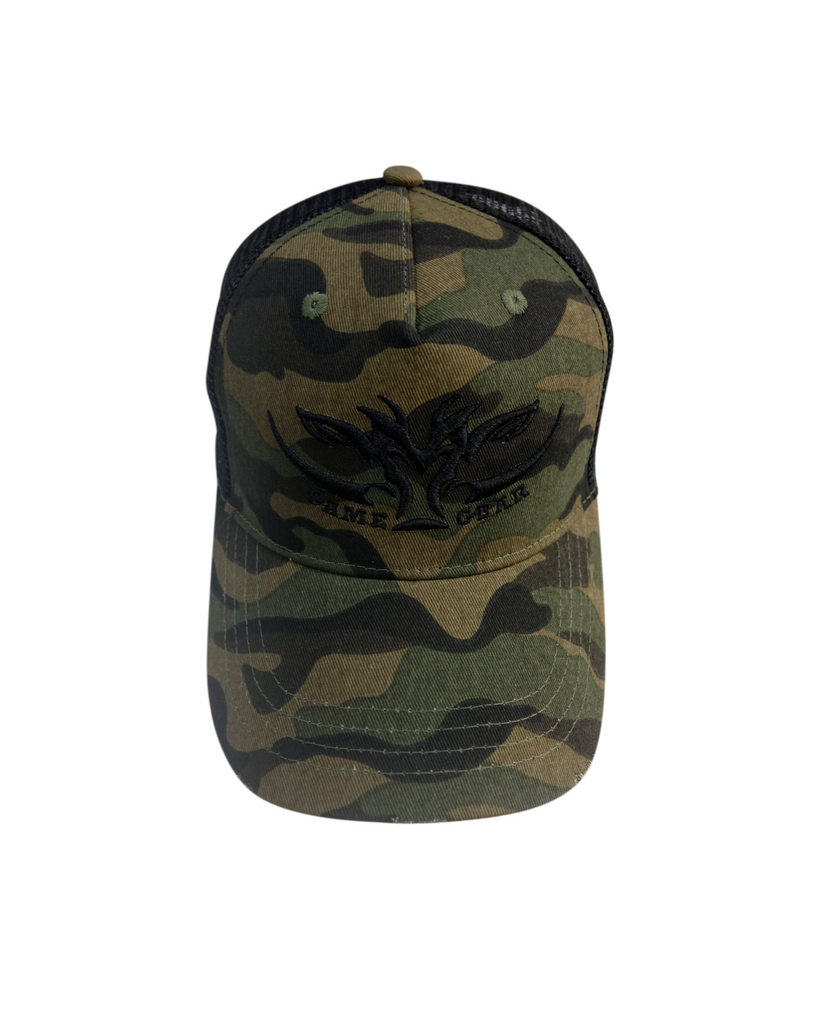 Distressed peak on the El Chappo Capo - Camo Cap