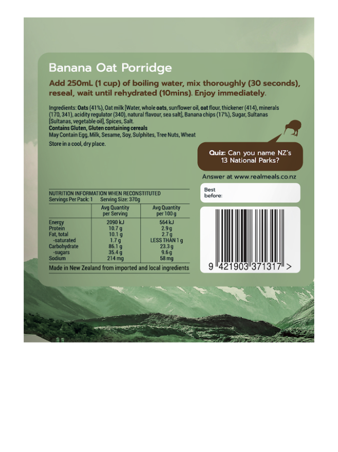Freeze Dried Banana Oat Porridge ingredients