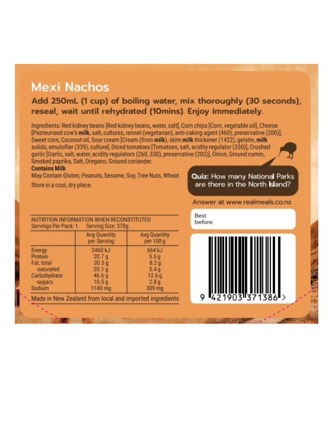 Real Meals Freeze Dried Mexi Nachos Ingredients
