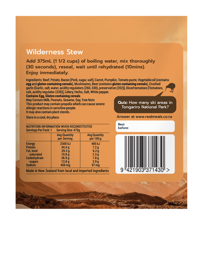 Wilderness Stew Ingredients Freeze dried meal