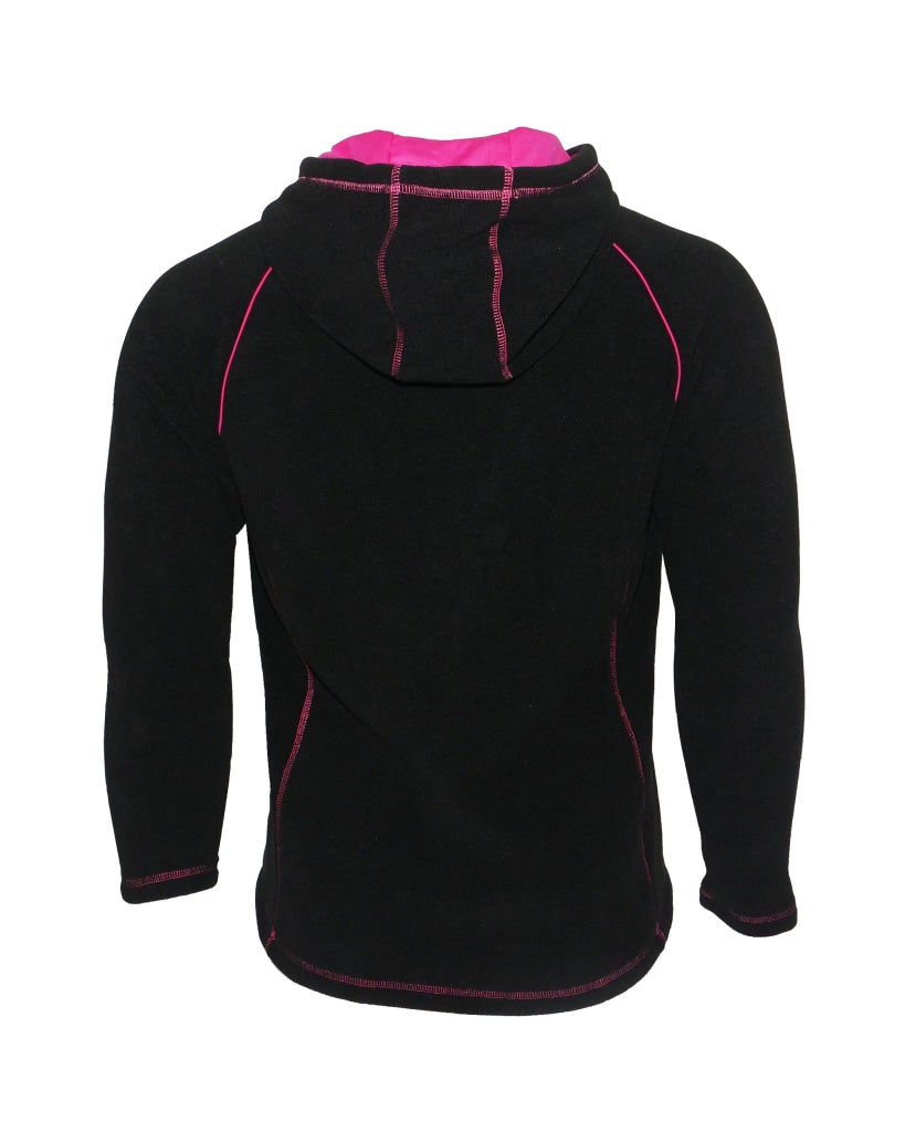 Ladies black fleece hoodie with pink hood lining and pink trim with full zip and zip pockets