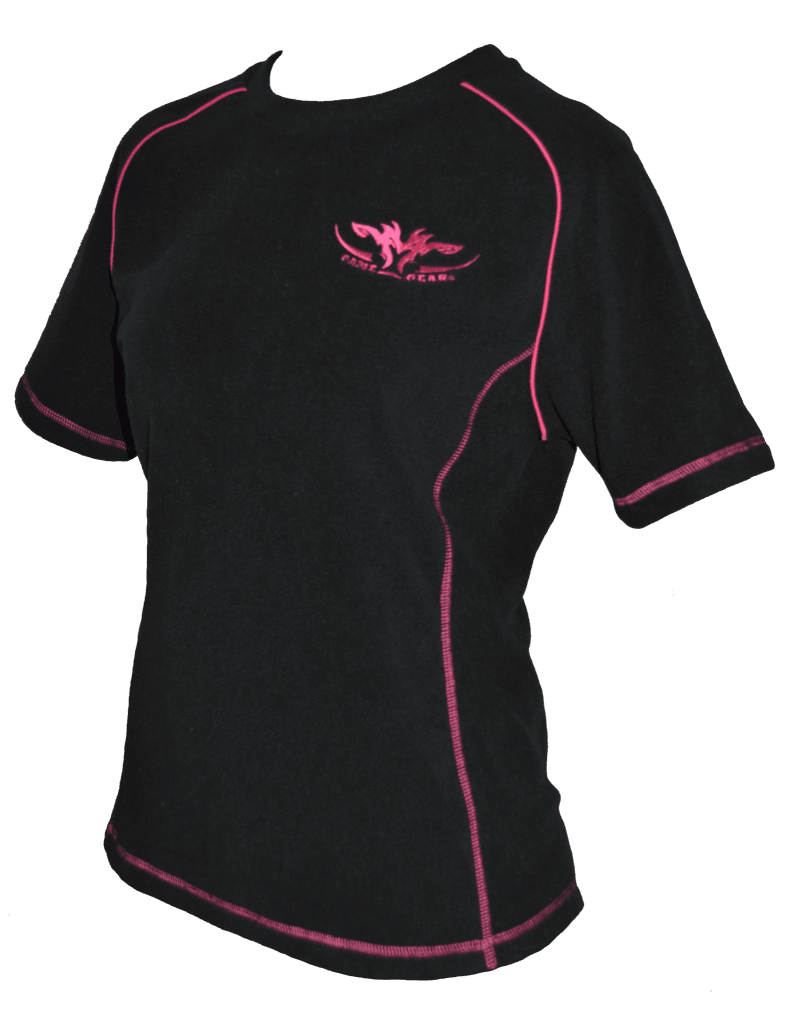 Ladies black fleece tee with pink trim with zip pocket