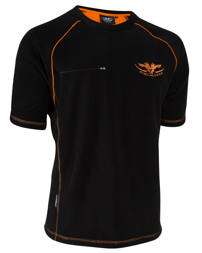 Black Hunting and Outdoors Fleece Tee with orange accents and zip chest pocket