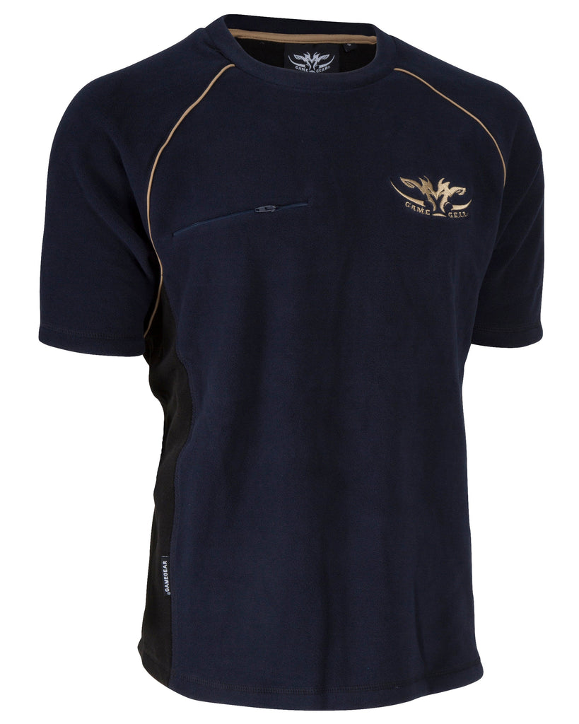 Navy Blue Hunting and Outdoors Fleece Tee with Gold accents and zip chest pocket