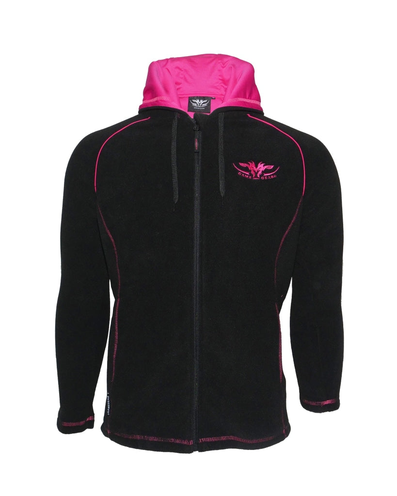 Ladies black fleece hoodie with pink hood lining and pink trim with full zip and zip pockets