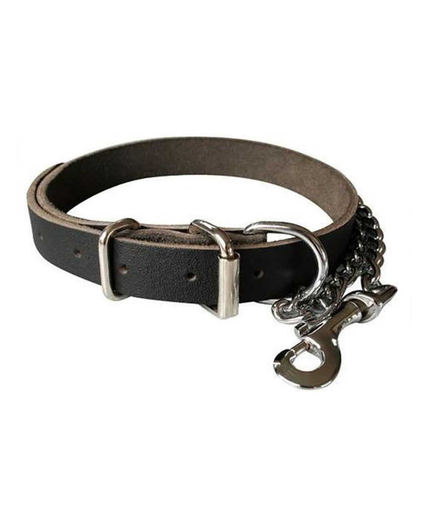 Black Heavy Duty full grain Leather Dog Collar with Chain and snap hook. 25mm wide