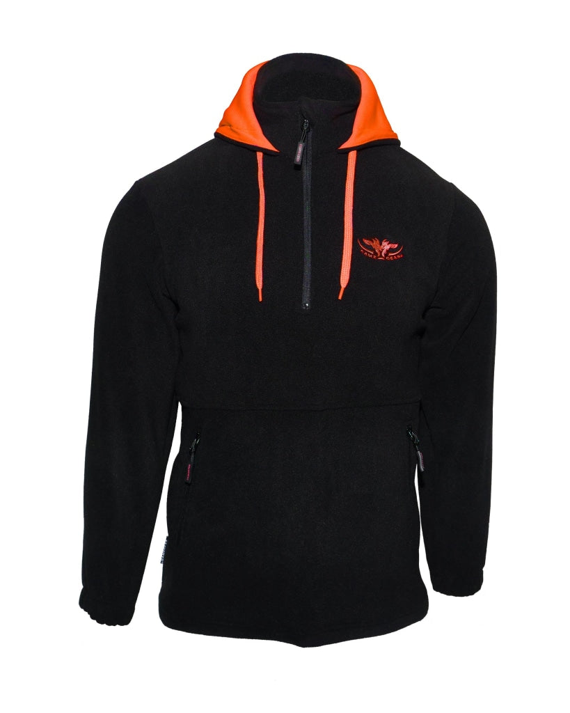 Kids Black fleece hoodie with orange lined hood and zip pockets