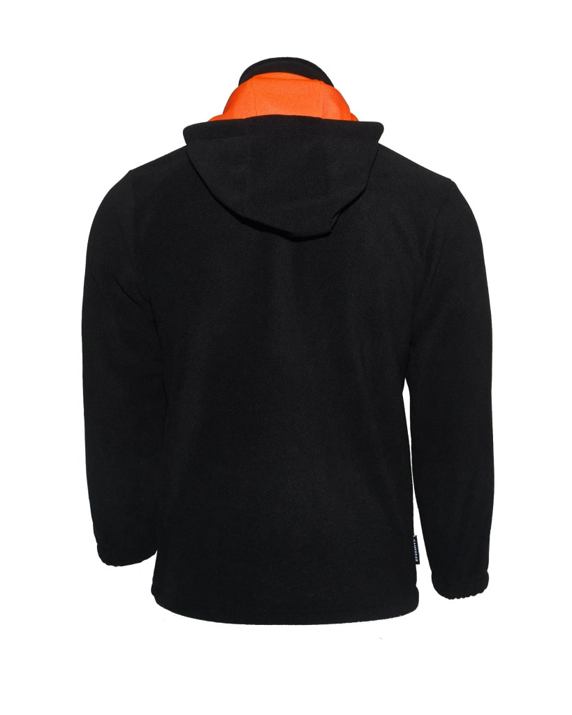Kids Black fleece hoodie with orange lined hood and zip pockets