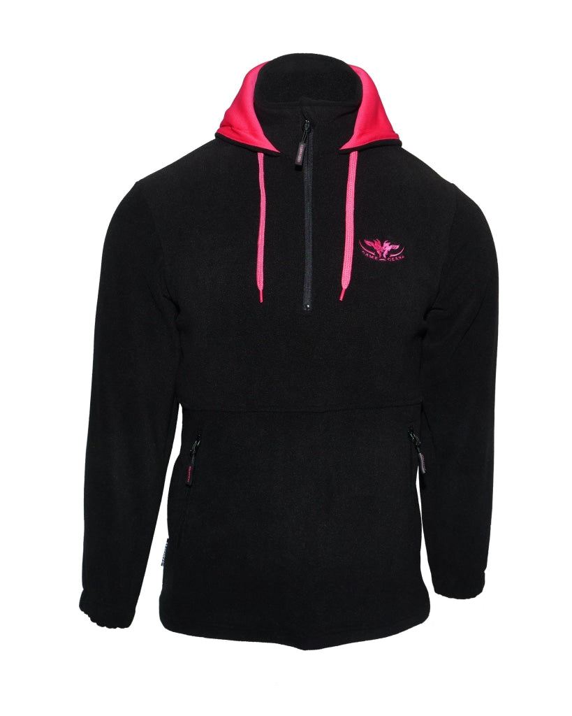 Kids Black fleece hoodie with pink lined hood and zip pockets