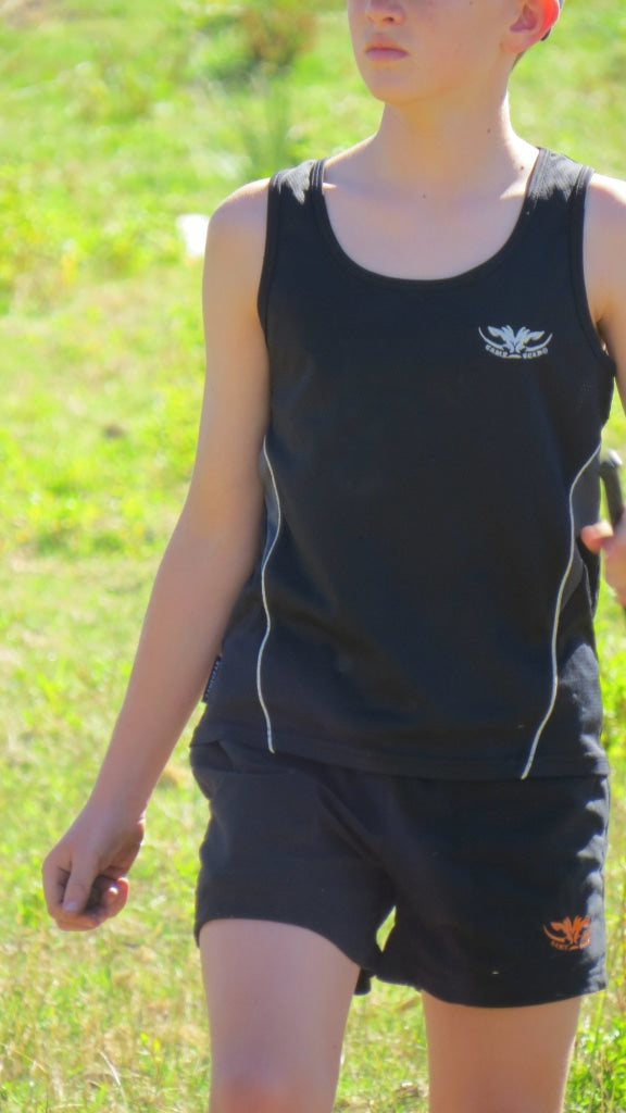 Boy wearing lightweight black quick dry singlet and Black hunting shorts