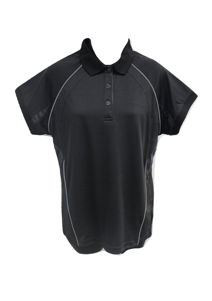 Ladies black quick dry breathable polo shirt with grey trim
