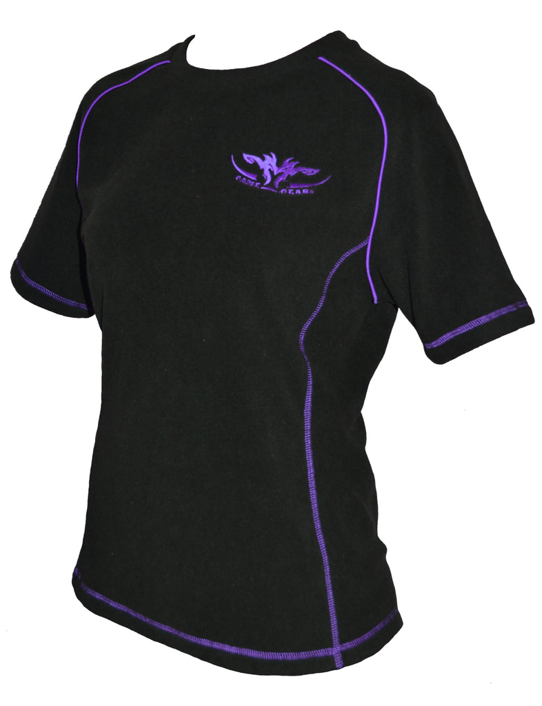 Ladies black fleece tee with purple trim with zip pocket