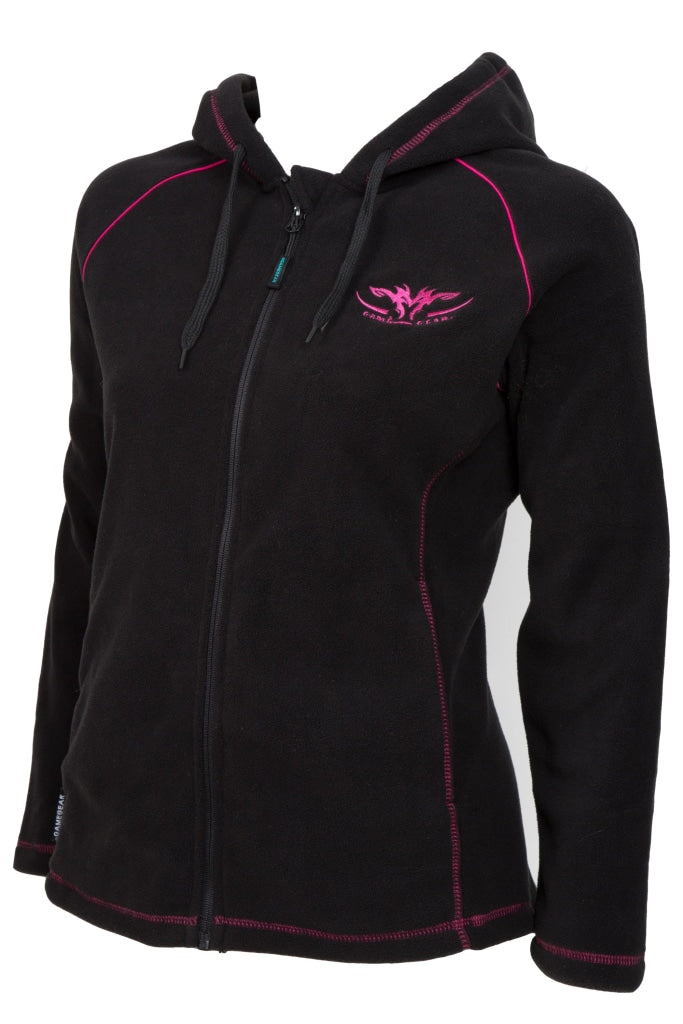 Ladies black fleece hoodie with pink hood lining and pink trim with full zip and zip pockets