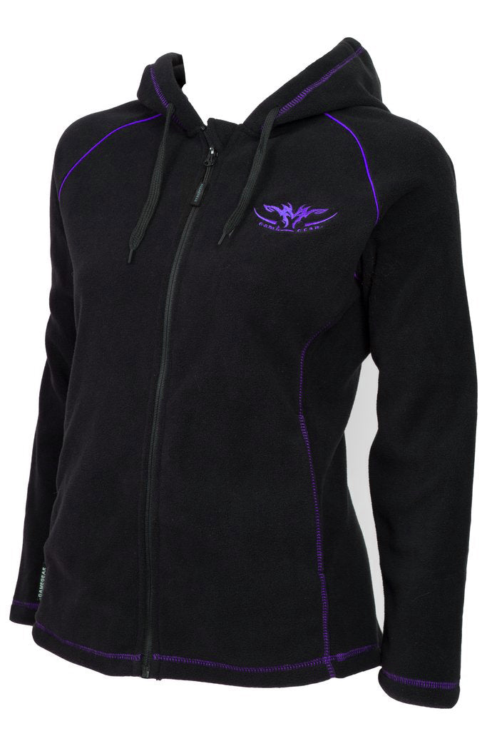 Ladies black fleece hoodie with purple hood lining and purple trim with full zip and zip pockets